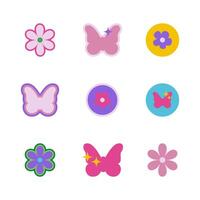 Set of trendy icons in 90s, 2000s style. Y2k sticker butterfly, flower 2000s. Set of design elements vector