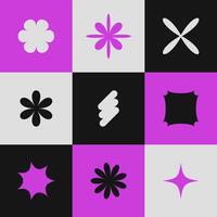 Seamless pattern with brutalist different geometric abstract shapes in violet, black, white colors checkerboard. Modern illustration for textile, paper, fabric, background, print design vector