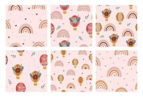 Set of seamless patterns in boho style. Scandinavian illustration of rainbows, hot air balloons, flowers, hearts for textile, wrapping paper, fabric, print design vector