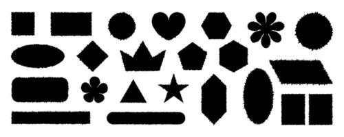 Set of different black abstract shapes with jagged edges. Grunge heart, star, flower, square, rectangle, circle, oval notes, stickers vector