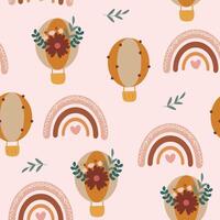 Seamless pattern bohemian with elements. Scandinavian rainbows, hot air balloons, flowers for textile, wrapping paper, fabric, print design, wallpaper, greeting, decoration, package, texture vector