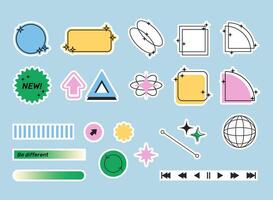 Collection of modern trendy stickers in y2k style. Memphis shapes, frames, simple forms, aesthetic design elements. vector