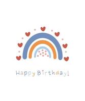 Happy Birthday card with colorful rainbow and hearts in modern scandinavian style. Cartoon boho illustration isolated on white background vector