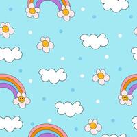 Seamless retro pattern in y2k style on blue background. Hand drawn smiling flowers, clouds, rainbows. Illustration for textile, paper, fabric, background, print design vector