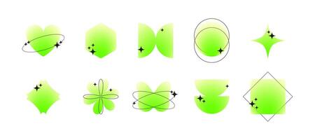 Modern abstract blurred gradient green colors shapes collection in y2k style. Flower, heart, butterfly, star aura aesthetic elements with black sparkles for social media or poster design vector