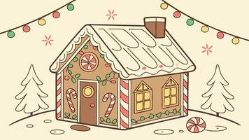 A gingerbread house with candy canes and christmas lights vector