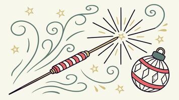 A drawing of a sparkler and a christmas ornament vector