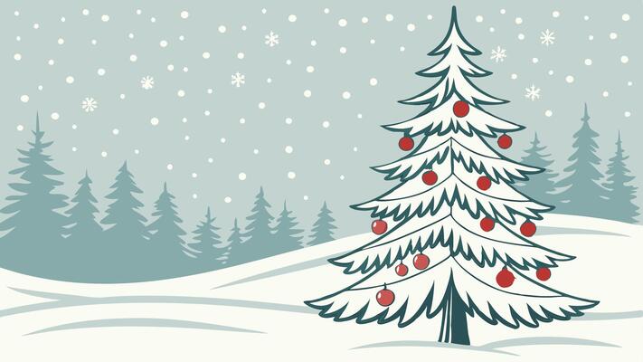Christmas tree in the snow with snow falling