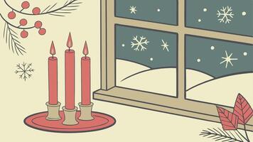 A christmas card with a window and candles vector