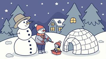 A cartoon illustration of a family building a snowman vector