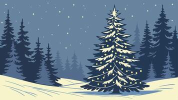 Snow covered christmas tree in winter forest with copy space at night vector
