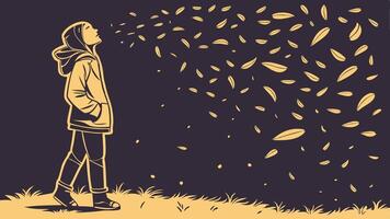 A woman standing in the grass with leaves blowing in the wind vector