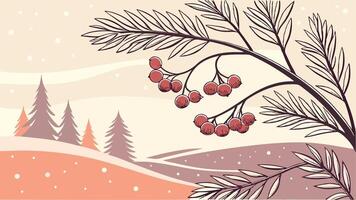 Winter landscape with red berries and pine trees vector