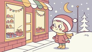 Cute child looking at a christmas toy store. created with vector