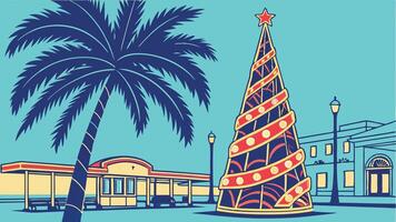 A poster with a christmas tree and palm trees vector