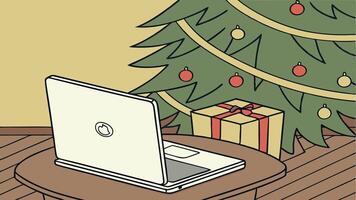 Laptop with blank screen on wooden table with christmas tree and lights background. vector