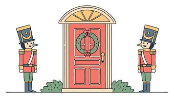 Red door with christmas garland around the door with royal nutcrackers on either side of the door. vector