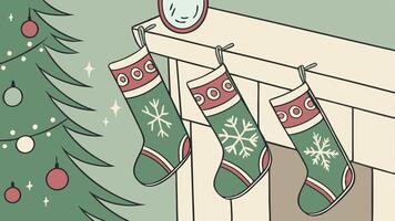 A cartoon illustration of stockings hanging on a fireplace vector