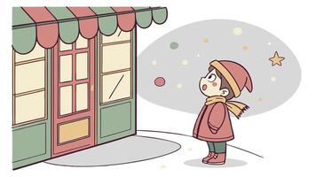 Excited child looking into the window of a christmas shop with bokeh lights vector