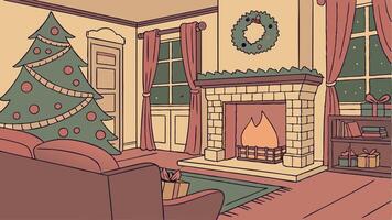 A cartoon illustration of a living room with a fireplace and christmas tree vector