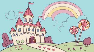 A cartoon castle with lollipops and a rainbow vector