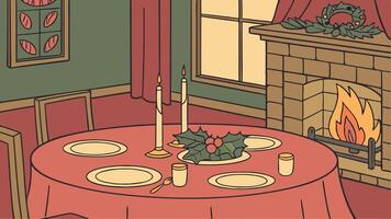 A cartoon of a dining room table with a fireplace vector