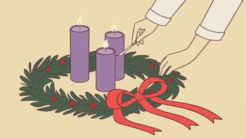 A person is lighting a candle on a wreath vector
