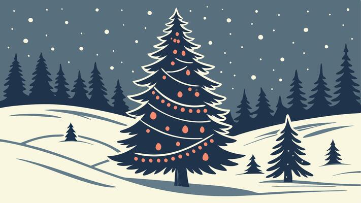 Christmas tree in the snow with lights