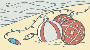 Christmas balls and lights on the beach blurred background vector