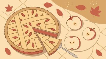 Homemade apple pie with festive garnish being sliced. image vector