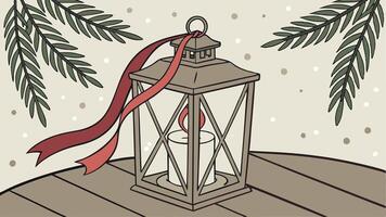 Lantern with candle on wooden table with a festive Christmas vector