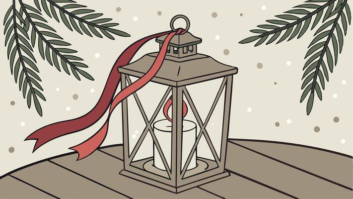 Lantern with candle on wooden table with a festive Christmas