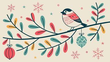 A bird is perched on a branch with ornaments vector