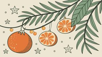 Christmas background with tangerines and fir tree branches vector
