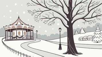 Winter scene at Tivoli Gardens. Copenhagen. with snow-clad tree and carousel in the background. vector