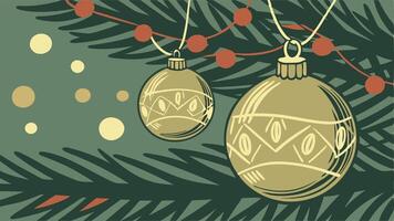 Close up of golden balls on christmas tree. Bokeh garlands in the background. New Year concept. vector