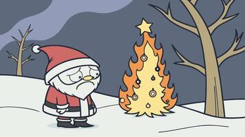 Illustration of a depressed santa claus in front of a burning christmas tree in a winter landscape vector