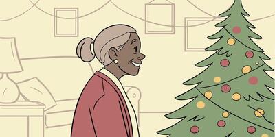 Portrait of a smiling senior woman standing in front of christmas tree vector