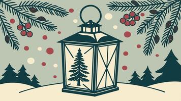 Christmas scene with a lantern. trees and blurred lights background. Christmas background vector