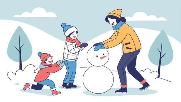 Happy family playing in the snow and making a snowman. copy space. Created with technology. vector