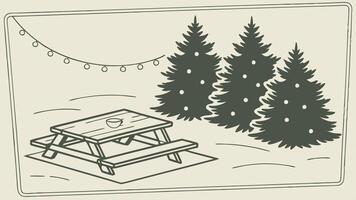 Christmas card with wood table top and blurred christmas trees with lights copy space vector