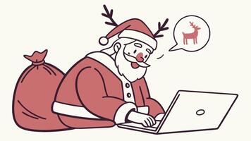 Smiling santa claus writes a message in a laptop with deer technologies vector