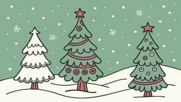 Simple cartoon new year trees on christmas snowing green background vector