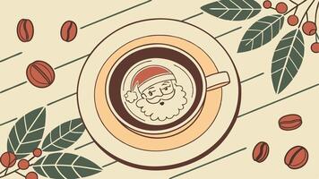 Cup of latte coffee with Santa Claus shape art on foam. top view. Christmas and New Year background. vector