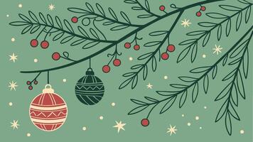 Christmas branches and decorations on green background with copy space created with vector
