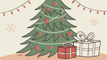 Illustration of a christmas tree with red and green decorations and presents. vector