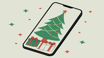Smartphone with christmas tree and gifts on screen. 3D rendering. Merry Christmas concept. vector