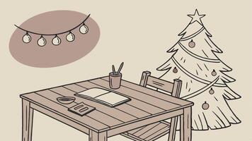 Wood dining table with copy space and christmas tree in the background vector