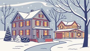 Houses in the suburbs during winter and snow decorated for christmas and the new year holidays vector