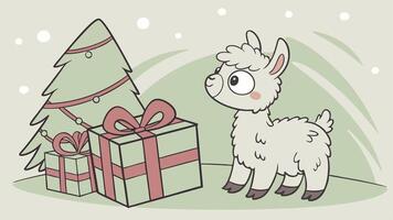 Baby llama with christmas presents on blurred bokeh tree lights background vector